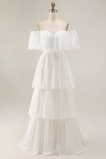 White Off the Shoulder Ruffle Chiffon A Line Wedding Dress